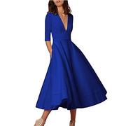 Mujer Vintage Vestidos Elegante Manga 1/2 Cuello en V Profundo Color Puro Vestir de Cóctel Fiesta Noche Midi Swing Dress Azul ES 36