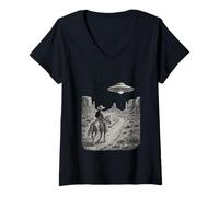 Mujer Vintage Western UFO Cowboy Alien Encuentro Retro Country Camiseta Cuello V