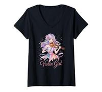 Mujer Violín Chica Mágico Anime Acuarela Instrumento Musical Camiseta Cuello V