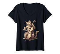 Mujer Violonchelo Tocando Gato Estilo Vintage Retro músico Gato Orquesta Camiseta Cuello V