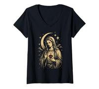 Mujer Virgen María Católica Fe Vintage Devocional Camiseta Cuello V