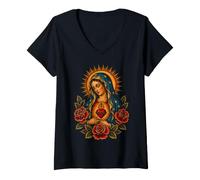Mujer Virgen María Corazón Rosas Rojas Católica Oración Icono Camiseta Cuello V