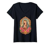 Mujer Virgen María Nuestra Señora de Guadalupe Santa Católica Camiseta Cuello V