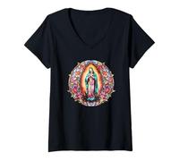 Mujer Virgin Mary Lady of Guadalupe Colorful Christian Aesthetic Camiseta Cuello V