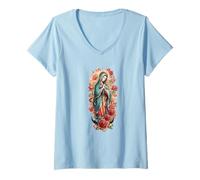 Mujer Virgin Mary Our Lady of Guadalupe Colorful Catholic Graphic Camiseta Cuello V