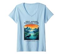 Mujer Visita Jasper National Park Alberta Canadá Retro Moose Camiseta Cuello V