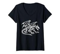 Mujer Vista Lateral Esqueleto Dragón Huesos Alados Gótico Vector Obra De Arte Camiseta Cuello V