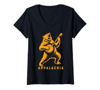 Mujer Viva Appalachia Black Bear Banjo Player Retro Camiseta Cuello V
