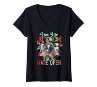 Mujer Vive la vida como alguien dejó la puerta abierta vaca novilla Camiseta Cuello V