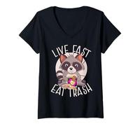 Mujer Vive RÁPIDO Comer Basura Divertido Mapache Comiendo Comida Chatarra Meme Camiseta Cuello V