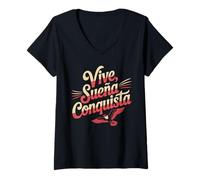 Mujer Vive Sueña Conquista Español Diseño de Cita Motivacional Camiseta Cuello V