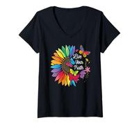 Mujer Vive tu verdad, arcoíris, girasol, mariposas coloridas, orgullo Camiseta Cuello V