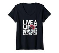 Mujer Vive una vida que valga la pena su sacrificio Memorial Patriotic Veteran Camiseta Cuello V