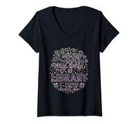 Mujer Viviendo mi Mejor Biblioteca Vida Bibliotecario de Libros celestiales Camiseta Cuello V