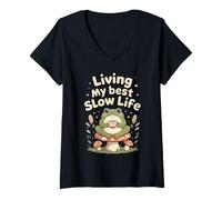 Mujer Viviendo mi Mejor Vida Lenta, Linda Rana Camiseta Cuello V