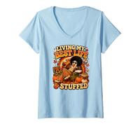 Mujer Viviendo mi Mejor Vida Pavo Relleno de los 70 Camiseta Cuello V