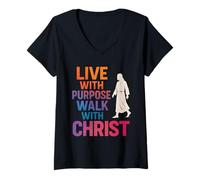 Mujer Vivir con Propósito Camina con Cristo Jesús Fe Cristiana Camiseta Cuello V