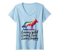 Mujer Vivir en libertad Vivir en libertad Lobo feliz Camiseta Cuello V