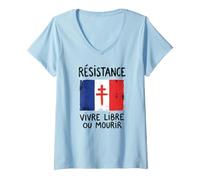 Mujer Vivir Libre o Morir Francés Résistance Francia Cruz de Lorena Camiseta Cuello V