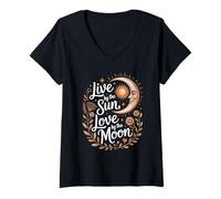 Mujer Vivir por el Sol Amor por la Luna Místico Celestial Boho Camiseta Cuello V