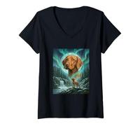 Mujer Vizsla Aurora Borealis, Aurora Boreal, Perro, Bosque Lunar Camiseta Cuello V