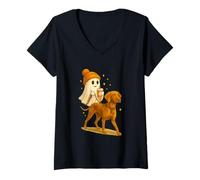 Mujer Vizsla Halloween Ghost Walking Vizsla Dog Camiseta Cuello V
