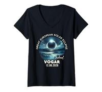 Mujer Vogar, Islandia Gran Eclipse Solar Europeo 2026 Camiseta Cuello V