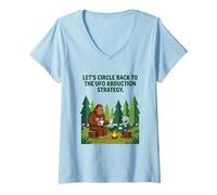 Mujer Volvamos a la Estrategia de secuestro OVNI Bigfoot Alien Camiseta Cuello V
