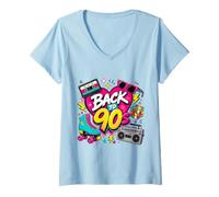 Mujer Volver a los 90s Nostalgia Roller Skate Boombox Cassette Nineties Camiseta Cuello V