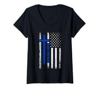 Mujer Volver La Bandera Azul de Jesús Faith Cross Police Thin Blue Line Flag Camiseta Cuello V