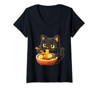 Mujer Voxel Art Anime Gato Comiendo Fideos Ramen Camiseta Cuello V