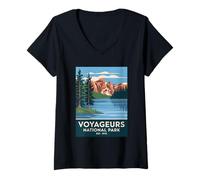 Mujer Voyageurs National Park Vintage Camping Senderismo Hombres Mujeres Camiseta Cuello V