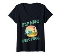 Mujer Vuela Alto Vive Libre Playa Olas y Horizonte Camiseta Cuello V