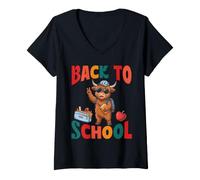 Mujer Vuelta a la Escuela Cute Highland Cow Student First Day Vibes Camiseta Cuello V