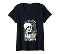 Mujer Waiting for My Soulmate Skeleton Funny Halloween Love Camiseta Cuello V