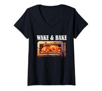 Mujer Wake Bake Turkey Chef Divertido Día de Acción de Gracias Festín Cena Camiseta Cuello V