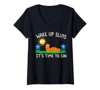 Mujer Wake Up Sluts It's Time to Sin, Funny Animal Meme Camiseta Cuello V