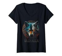 Mujer Walhalla - Máscara de Lobo Odin Runas, brújula nórdica, Vikingo Camiseta Cuello V