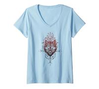 Mujer Walhalla Wolf Odin Runas Símbolos Brújula nórdica Vikingo Camiseta Cuello V
