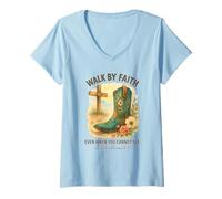 Mujer Walk by Faith 2 Corinthians 5:7 Western Boot Watercolor Camiseta Cuello V