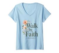 Mujer Walk by Faith Floral Christian, 2 Corintios 5:7 Biblia Camiseta Cuello V