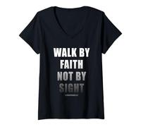 Mujer Walk by Faith Not by Sight 2 Corinthians 5:7 Christian Text Camiseta Cuello V