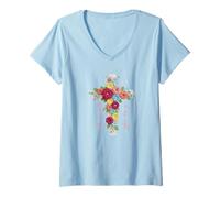 Mujer Walk by Faith Not by Sight - Cruz Floral de Ganchillo Camiseta Cuello V
