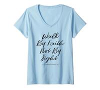 Mujer Walk by Faith Not by Sight Versículo de la Biblia Mujeres Lucas Escritura Camiseta Cuello V