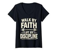 Mujer Walk by Faith Oración Cristiana Gimnasio Entrenamiento Levant Camiseta Cuello V