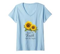 Mujer Walk Faith Not by Sight Girasol Fe Hermoso Verso Camiseta Cuello V
