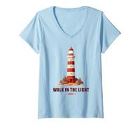 Mujer Walk in The Light - 1 John 1:7 Christian Faith Bible Verse Camiseta Cuello V