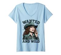 Mujer Wanted and Wild Cowgirl Smoking Camiseta Cuello V