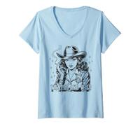 Mujer Wanted and Wild Cowgirl Vibe Retro Western Art Camiseta Cuello V