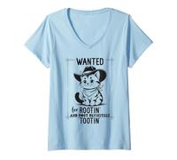 Mujer Wanted for Rootin Most Definitely Tootin Cowboy Cat Farting Camiseta Cuello V